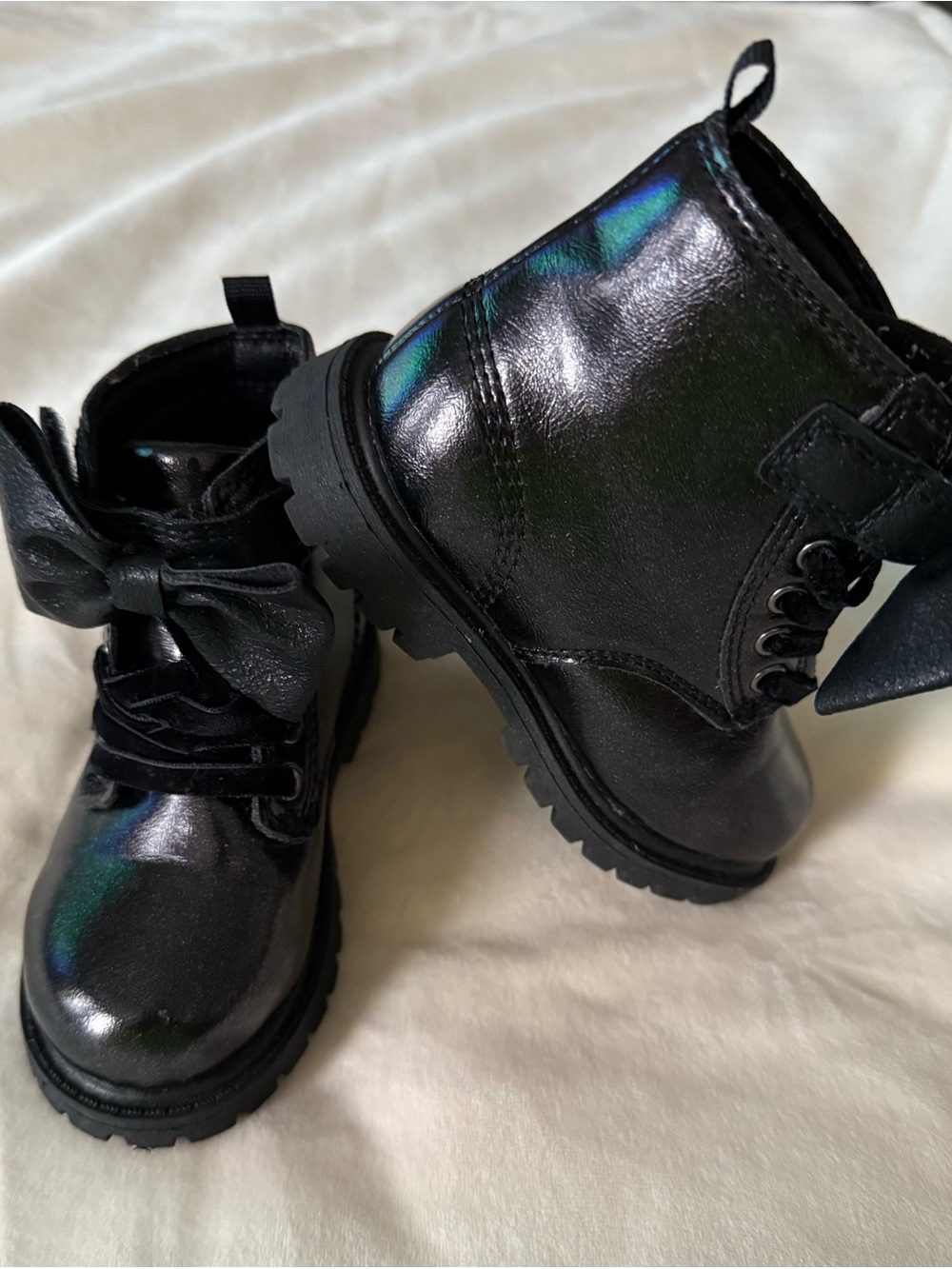 Carters Girls Black CombatBoots with Bow Hook and Loop Closure and Velvet Laces